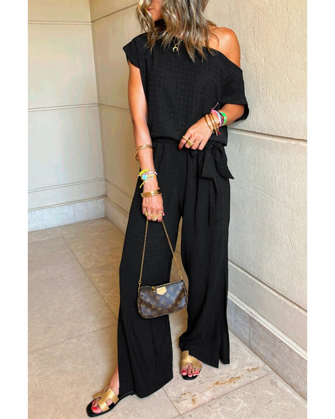 Black Checkered Mesh One Shoulder Short Sleeve Knotted Waist Jumpsuit - XL