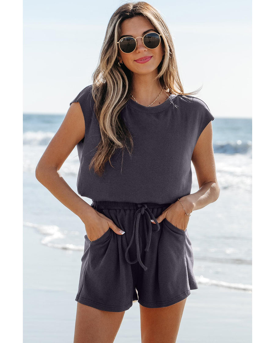 Bristol Black Knit Open Back Cap Sleeve Drawstring Romper - L