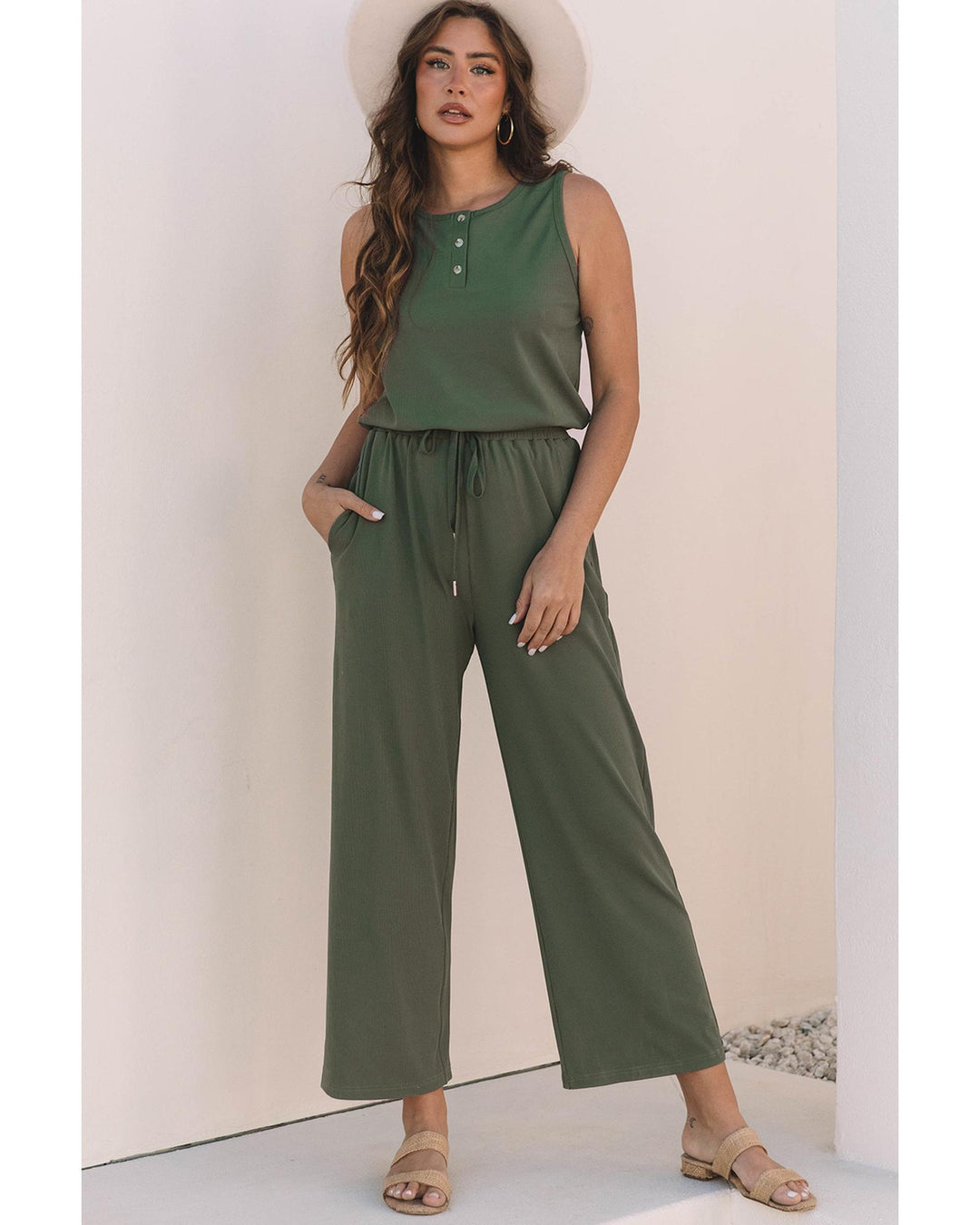 Vineyard Green Buttoned Drawstring Waist Sleeveless Wide Leg Jumpsuit - L