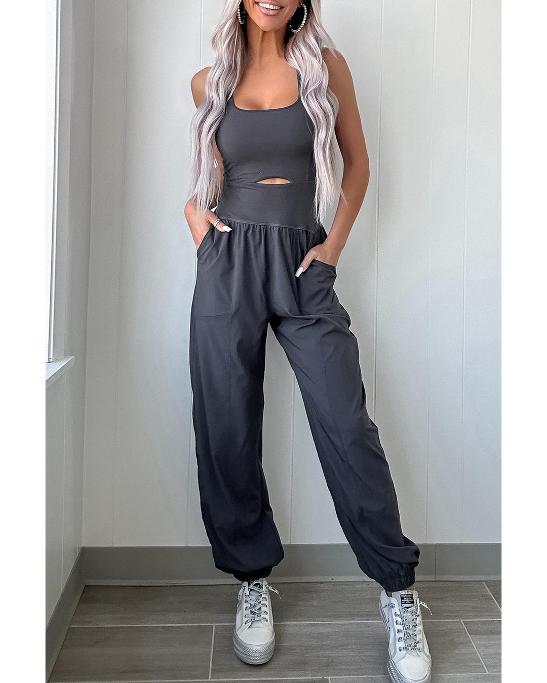 Carbon Grey Back Crossed Straps Hollow Out Jogger Jumpsuit - L