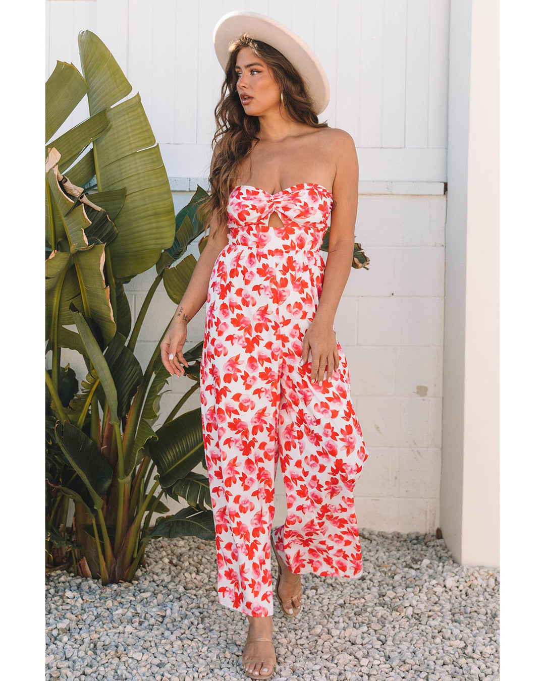Pink Floral Print Twisted Bandeau Keyhole Pleated Wide Leg Jumpsuit - M