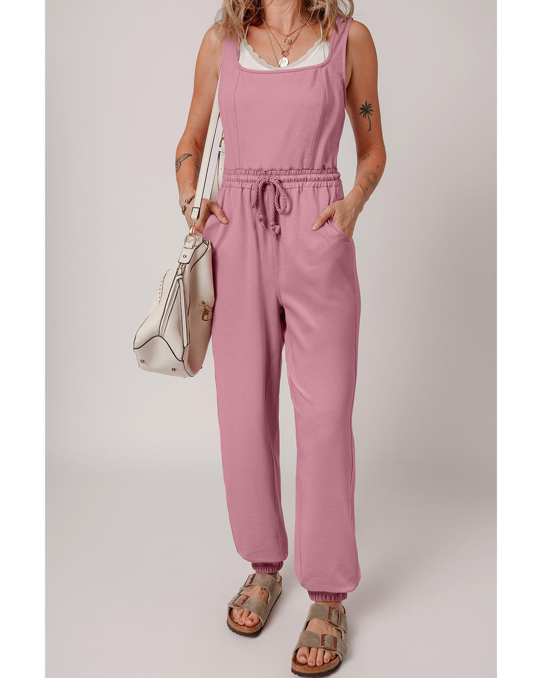 Light Pink Lace-up Elastic Waist Sleeveless Square Neck Jumpsuit - M