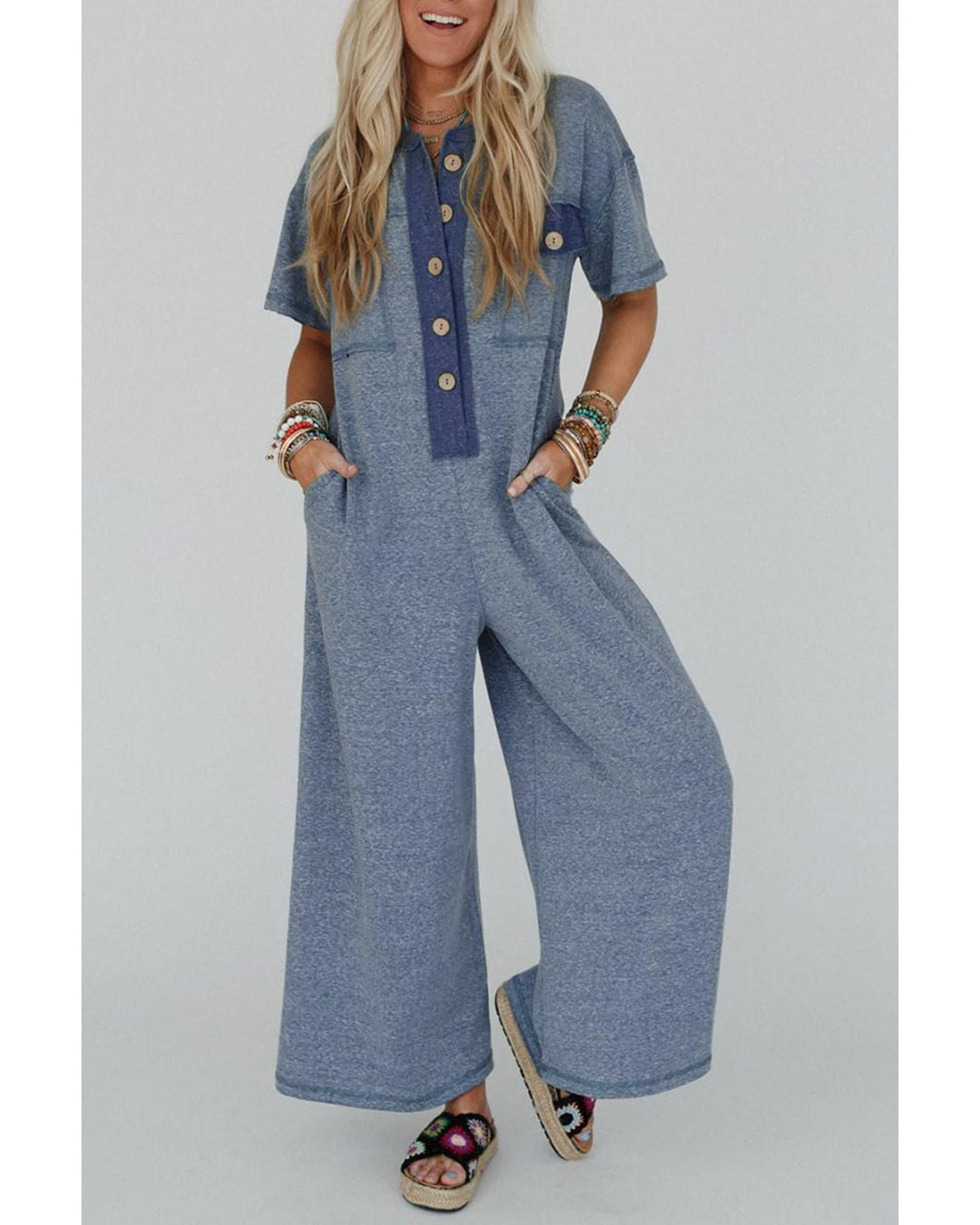 Beau Blue Half Placket Chest Pockets Short Sleeve Wide Leg Jumpsuit - L