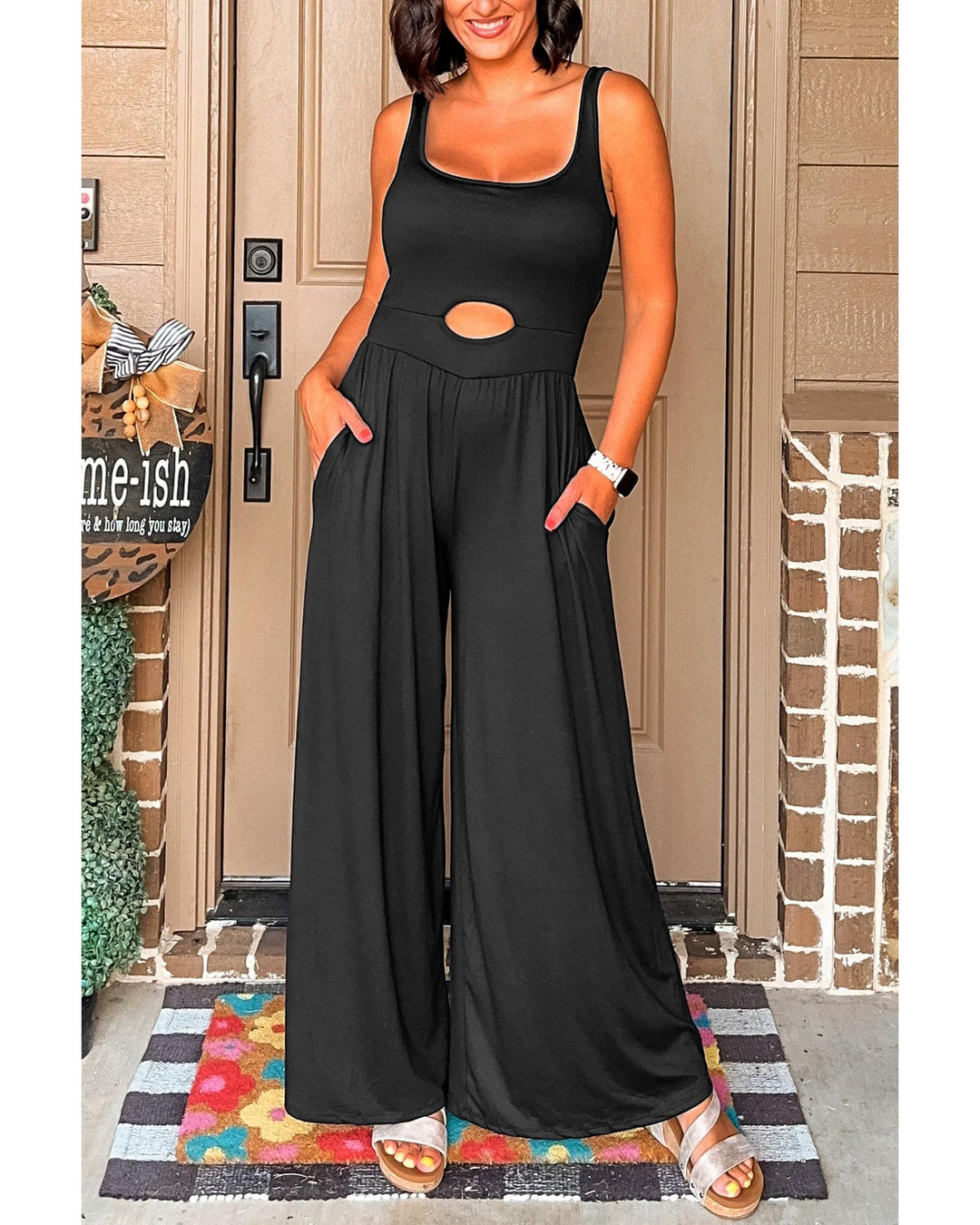 Black Peekaboo Wide Leg Square Neck Sleeveless Jumpsuit - XL