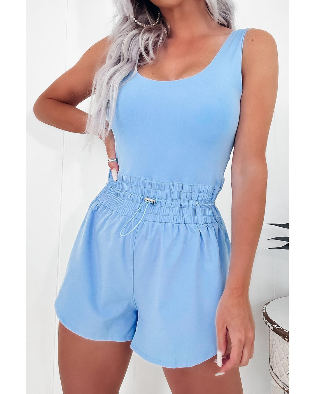 Myosotis Plain Sleeveless Loop Drawstring Cinched Waist Romper - M