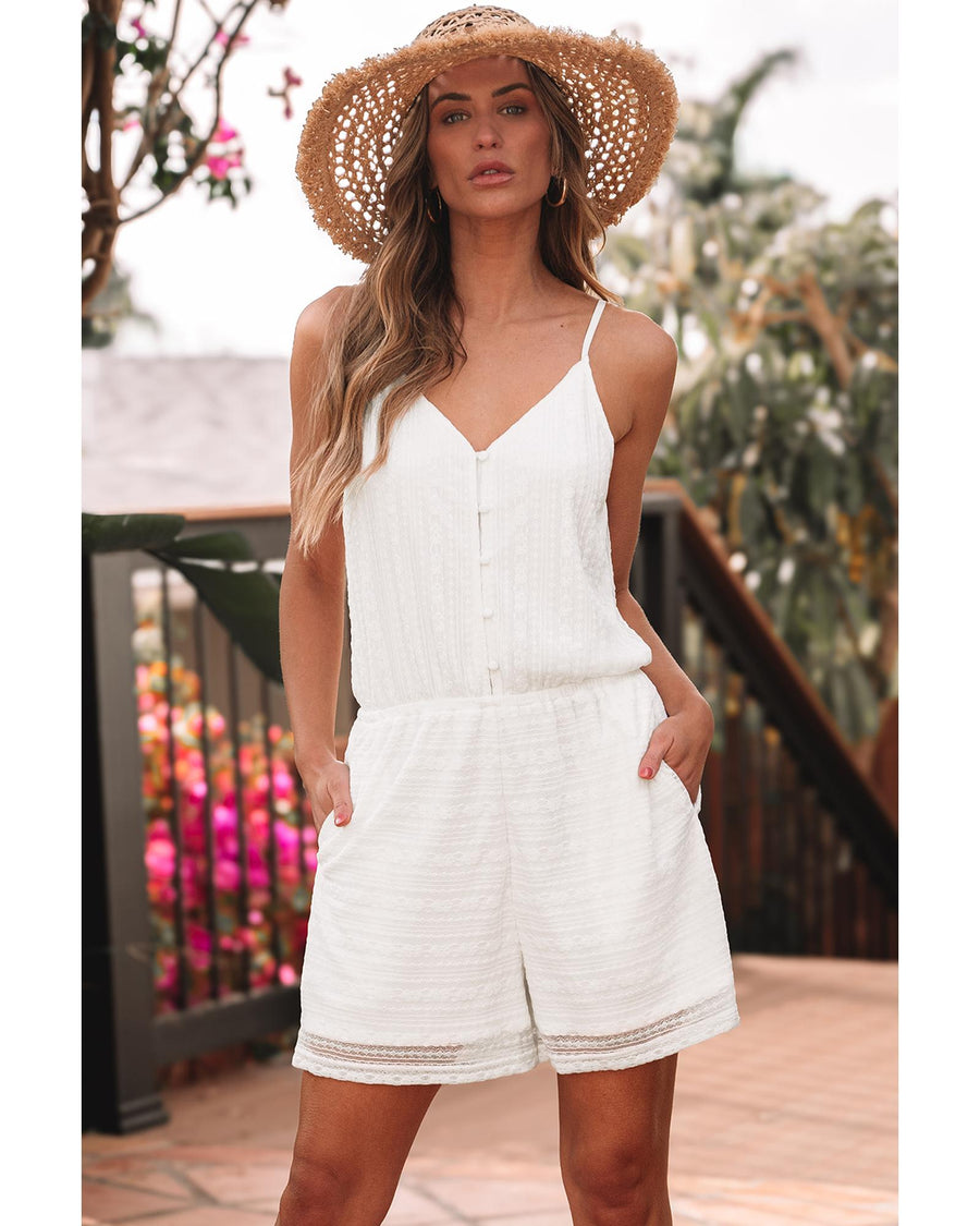 White Lace Spaghetti Strap V Neck Loose Fit Romper - XL