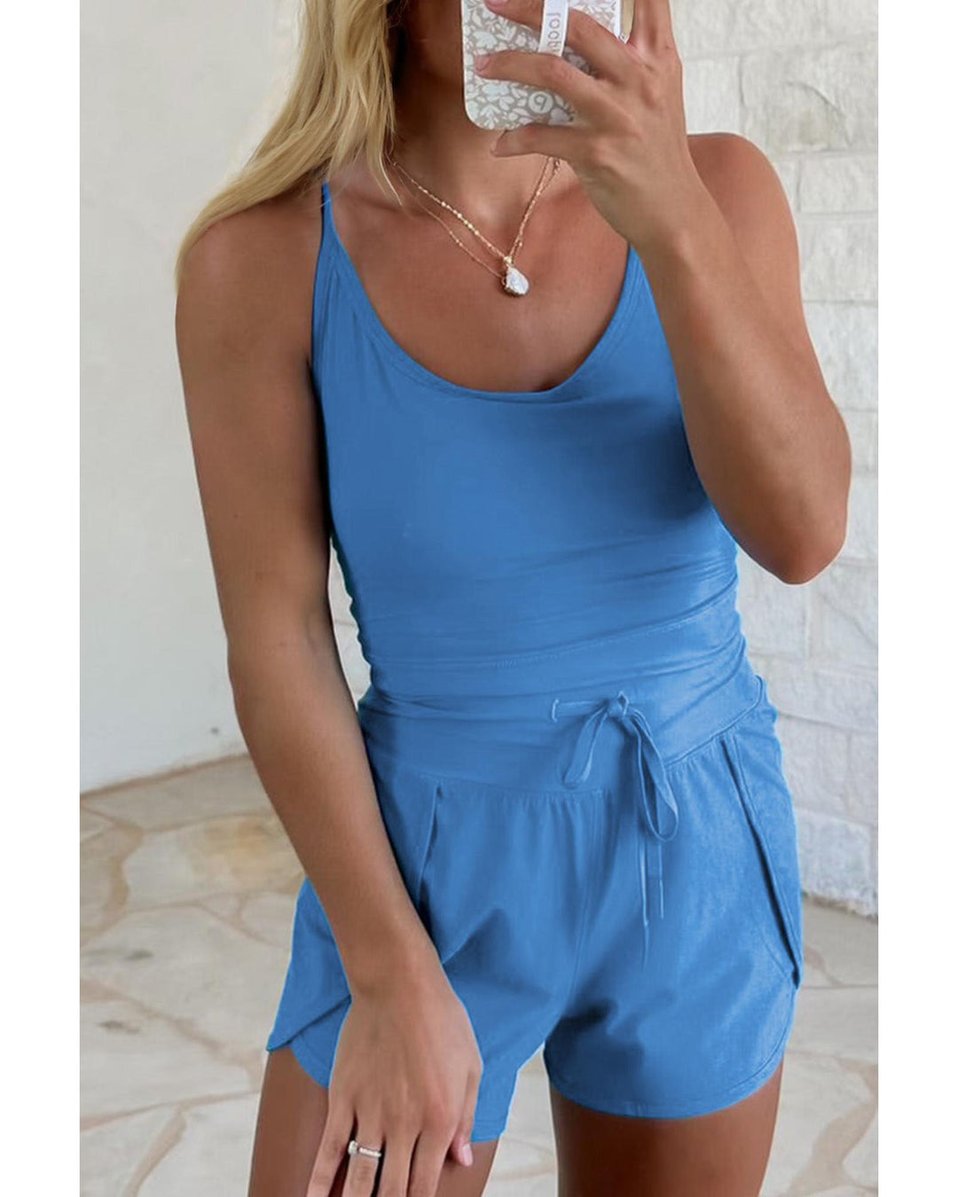 Blue Crossed Spaghetti Straps Drawstring Waist Sporty Romper - L
