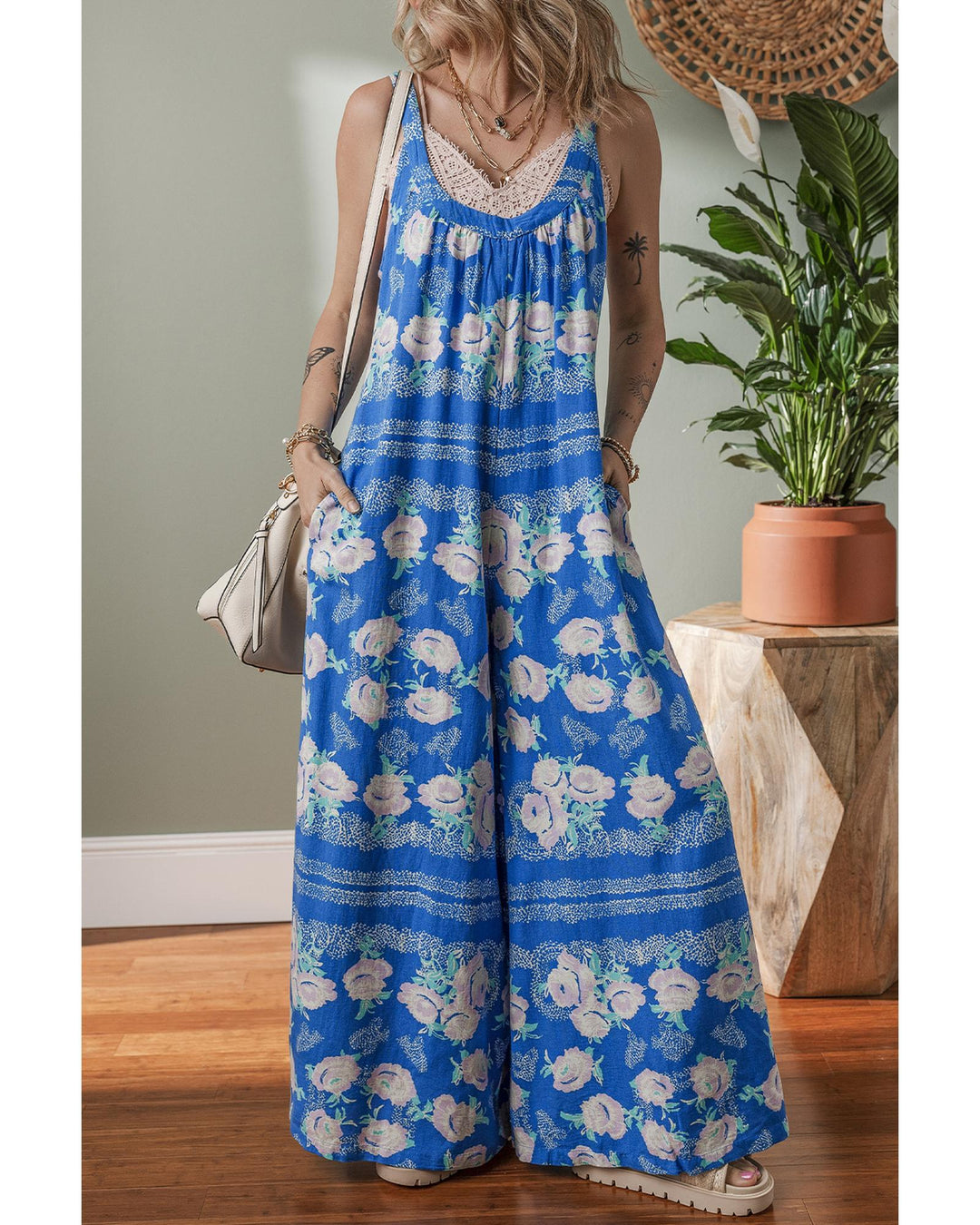 Blue Floral Print Wide Leg Sleeveless Jumpsuit - L
