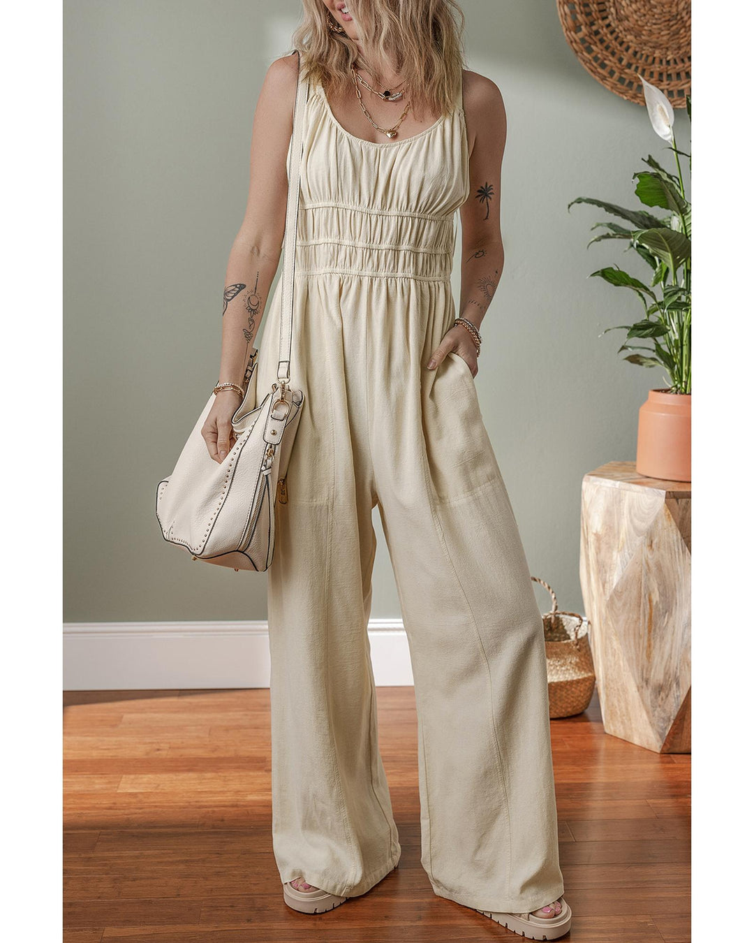 Beige Ruched High Waist Sleeveless Wide Leg Jumpsuit - S