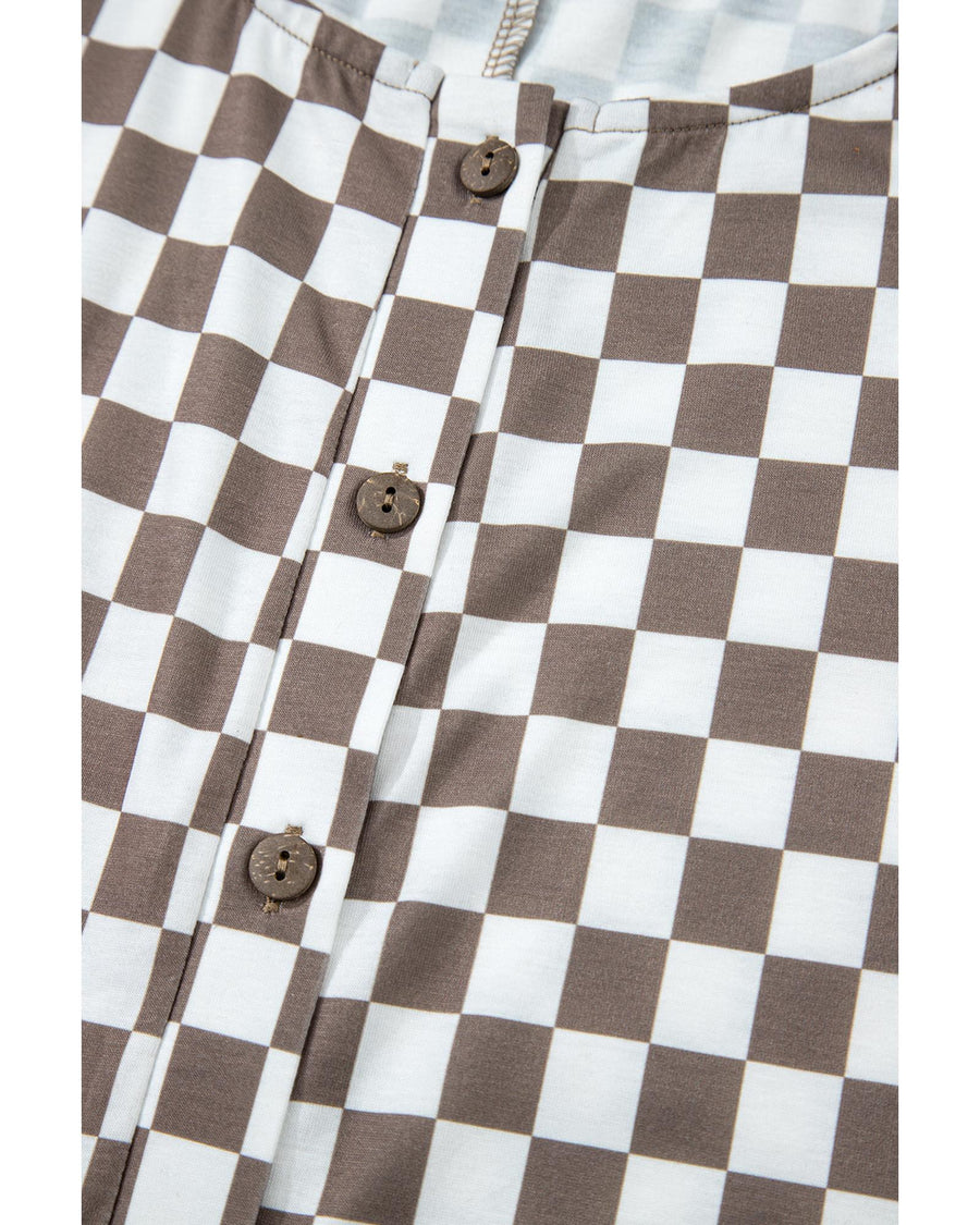 Khaki Checkered Print Buttoned Crew Neck Wide Leg Jumpsuit - L