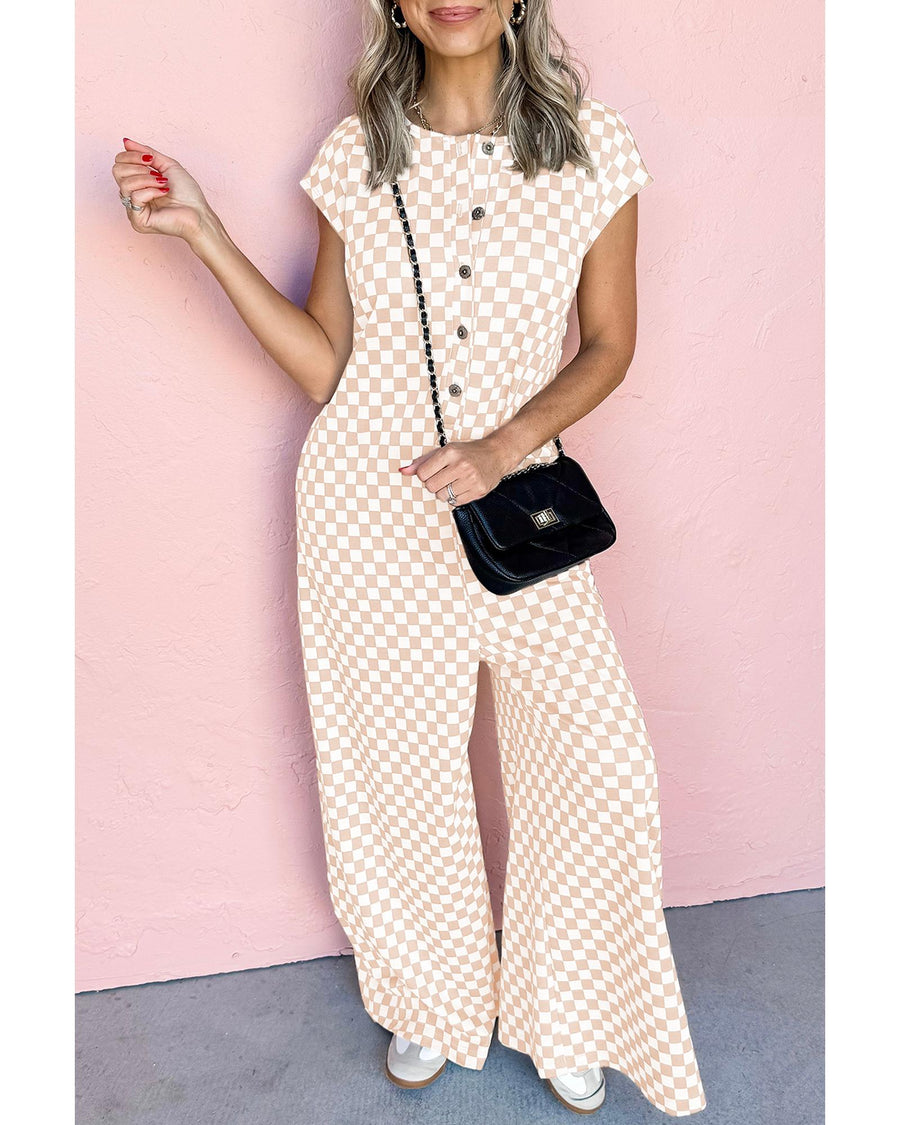 Apricot Checkered Print Buttoned Crew Neck Wide Leg Jumpsuit - S