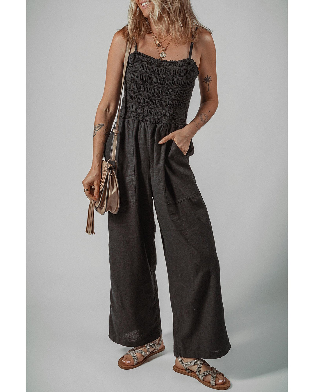 Black Spaghetti Straps Shirred Bodice Pocketed Wide Leg Jumpsuit - S