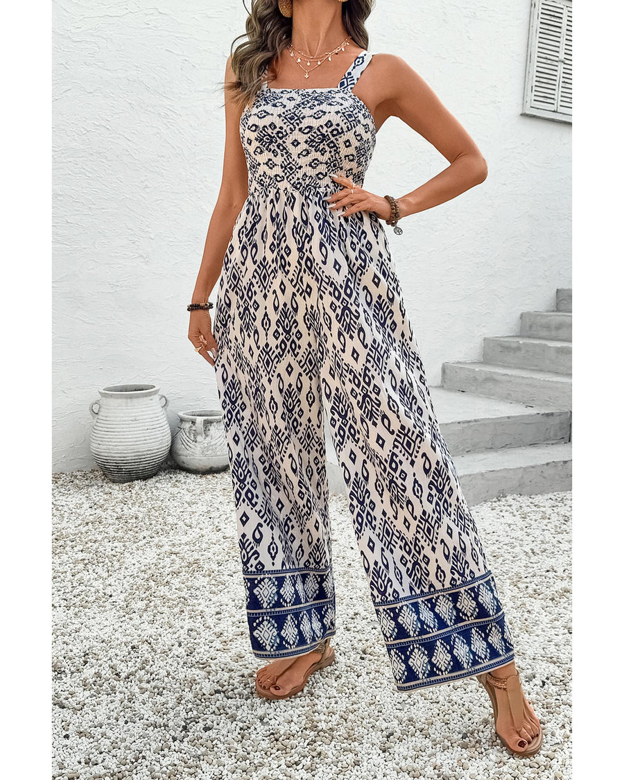Blue Boho Geometric Print Shirred High Waist Wide Leg Jumpsuit - S