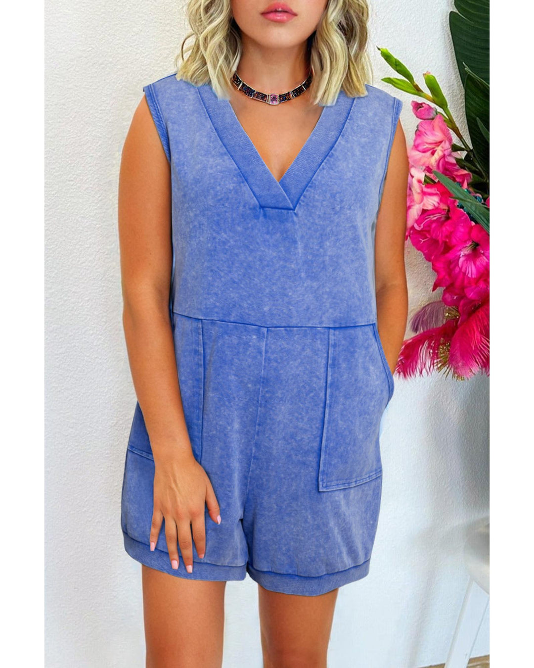 Sky Blue Mineral Wash Pocketed Sleeveless V Neck Loose Romper - XL
