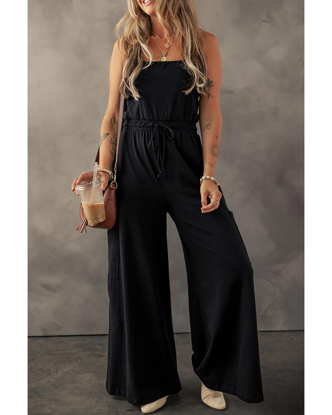 Black Drawstring Wide Leg Cargo Pockets Sleeveless Jumpsuit - M