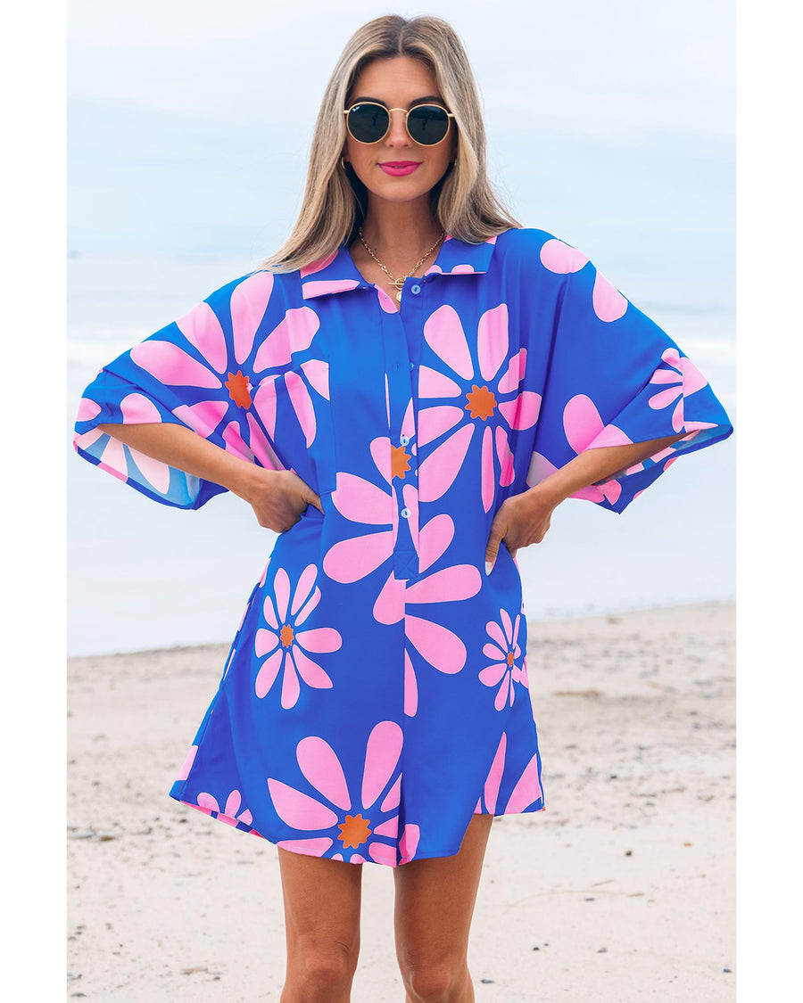Blue Summer Flower Print Shirt Collar Button Front Loose Romper - XL