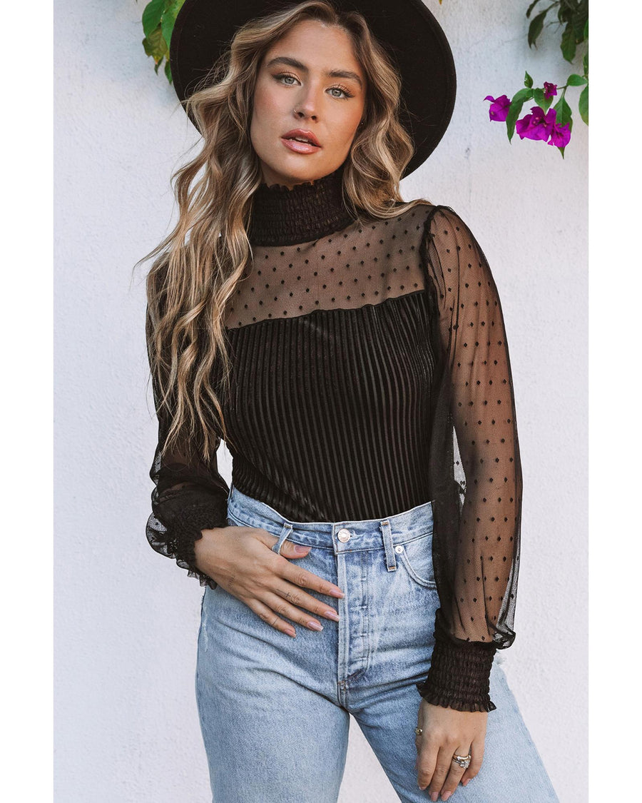 Black Sheer Dotty Long Sleeve Ribbed Velvet Bodysuit - S