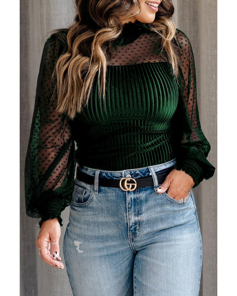 Azura Exchange Green Sheer Dotty Long Sleeve Ribbed Velvet Bodysuit - S