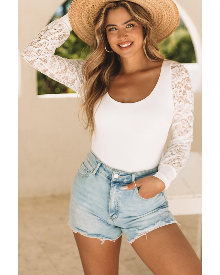 White Lace Sleeves Square Neck Bodysuit - M
