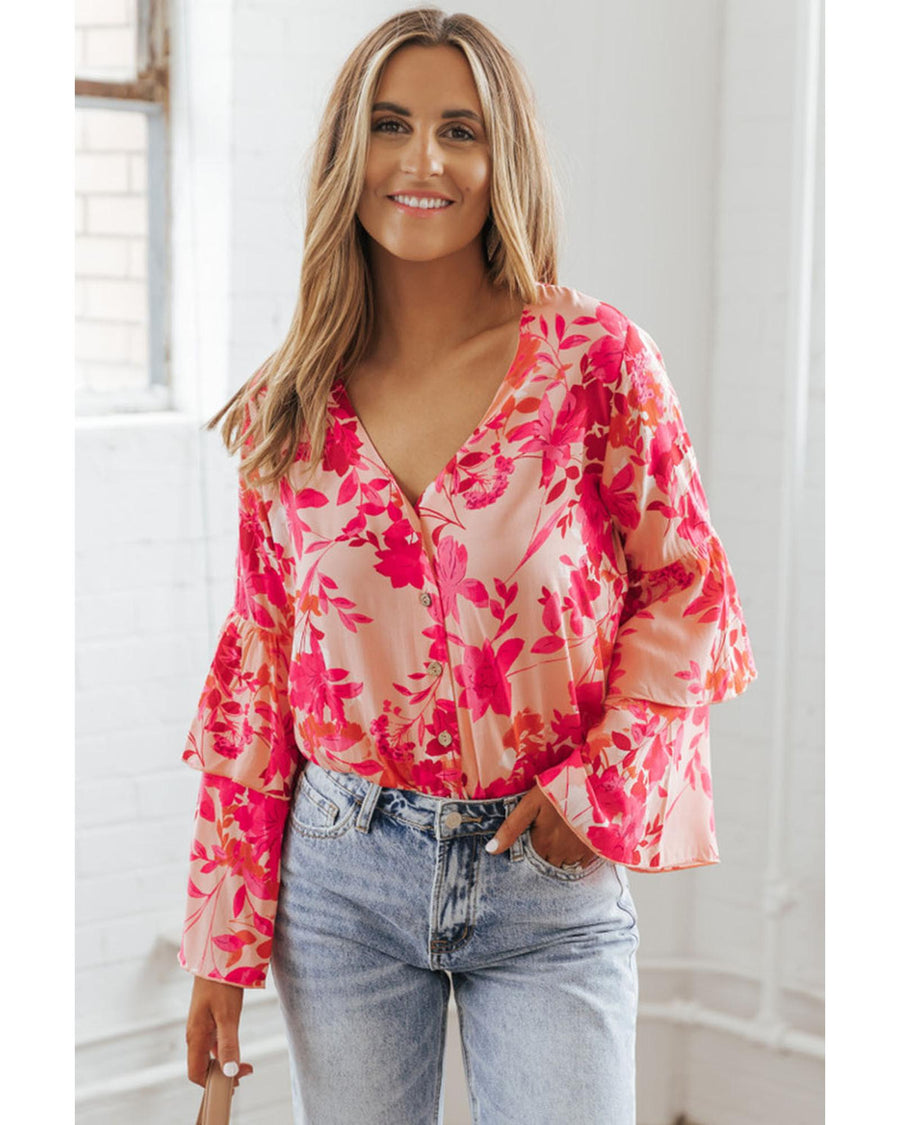 Pink Floral Print Tiered Bell Long Sleeve Buttoned Bodysuit - L