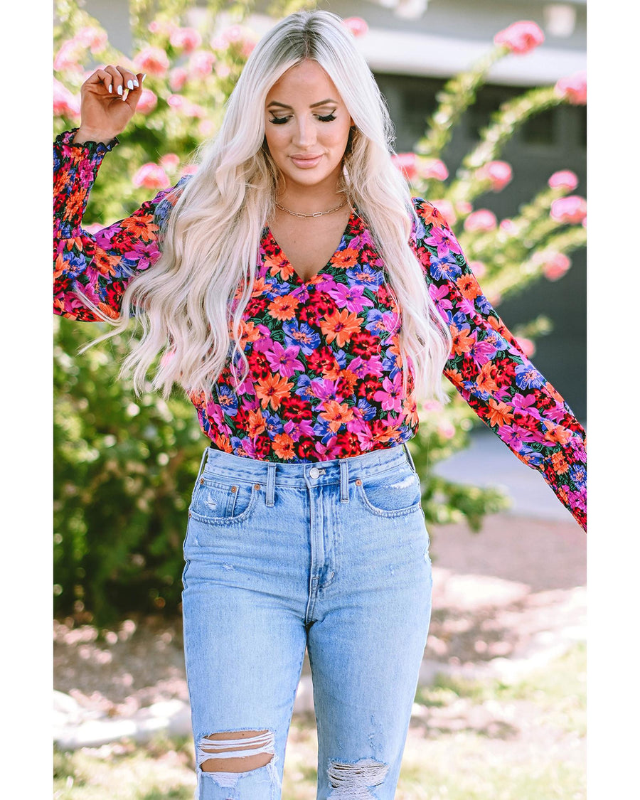 Floral Print Wrap V Neck Long Sleeve Bodysuit - S