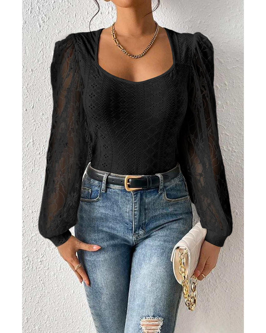 Black Frenchy Contrast Lace Bishop Sleeve Bodysuit - L