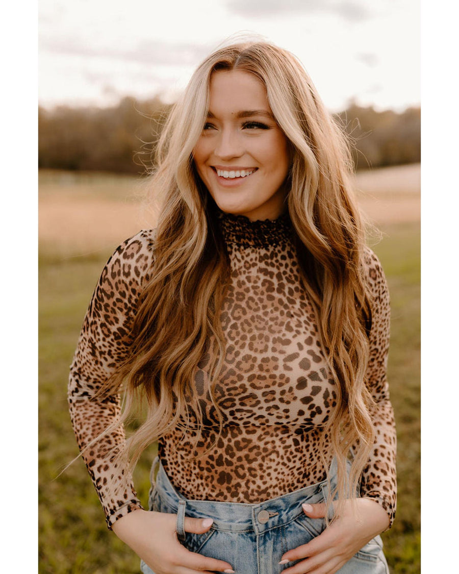 Brown Leopard Smocked Neck Mesh Long Sleeve Bodysuit - XL