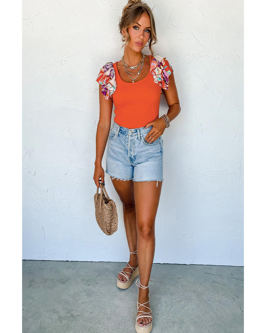 Orange Ribbed Knit Tiered Ruffled Sleeve Bodysuit - M