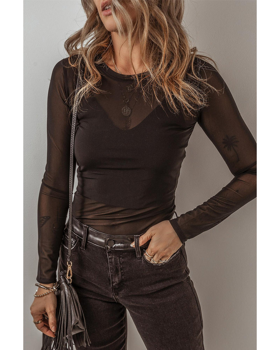 Black Mesh Long Sleeve Slim Fit Bodysuit - XL