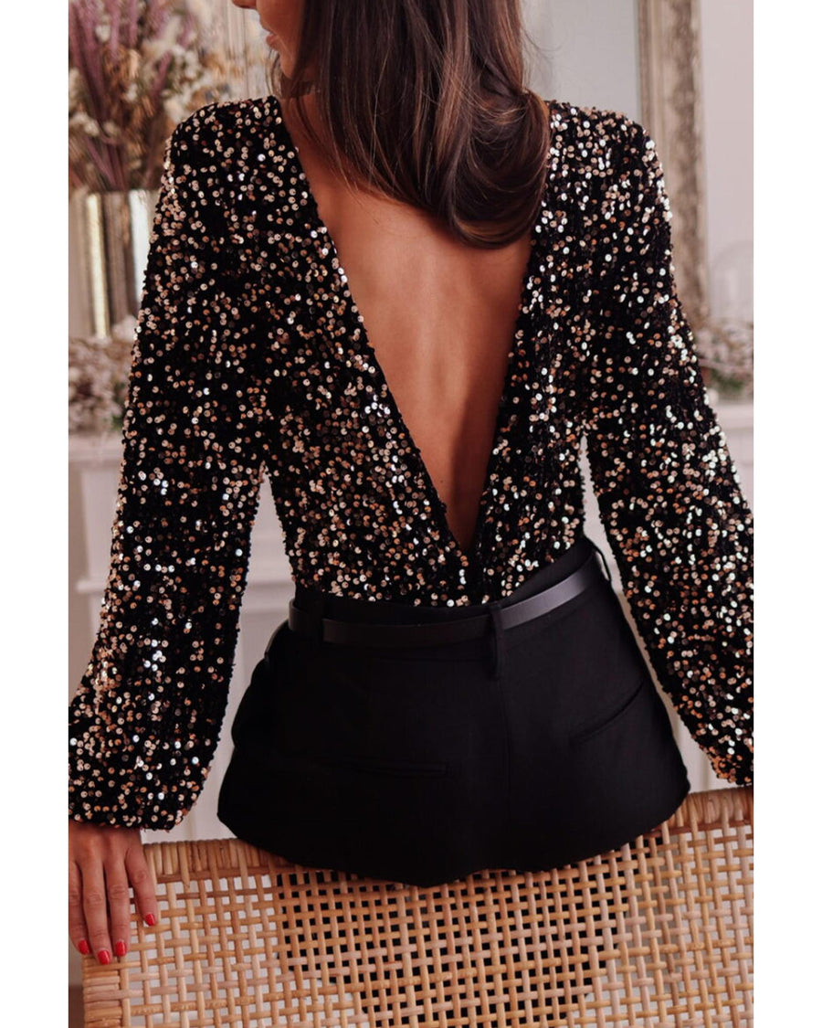 Black Deep V Back Sequin Puff Sleeve Bodysuit - XL
