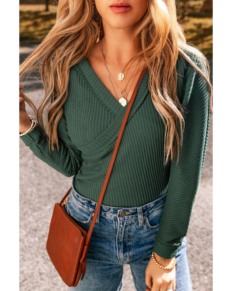 Blackish Green Waffle Knit Slim Fit Wrap V Neck Bodysuit - XL