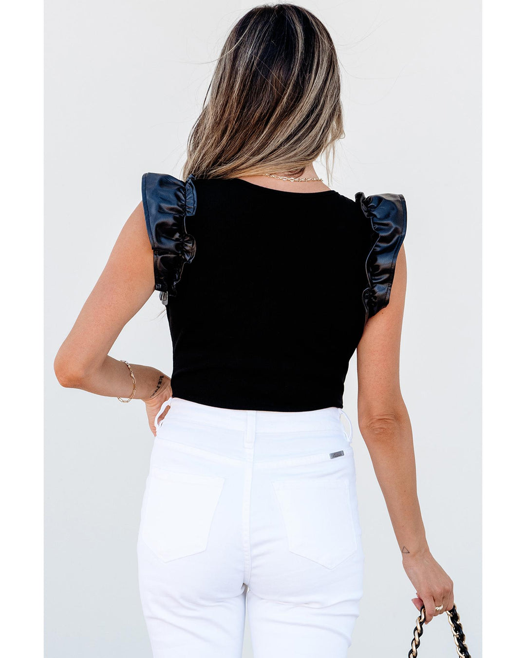 Black Leatherette Ruffle Patchwork Ribbed V Neck Bodysuit - L