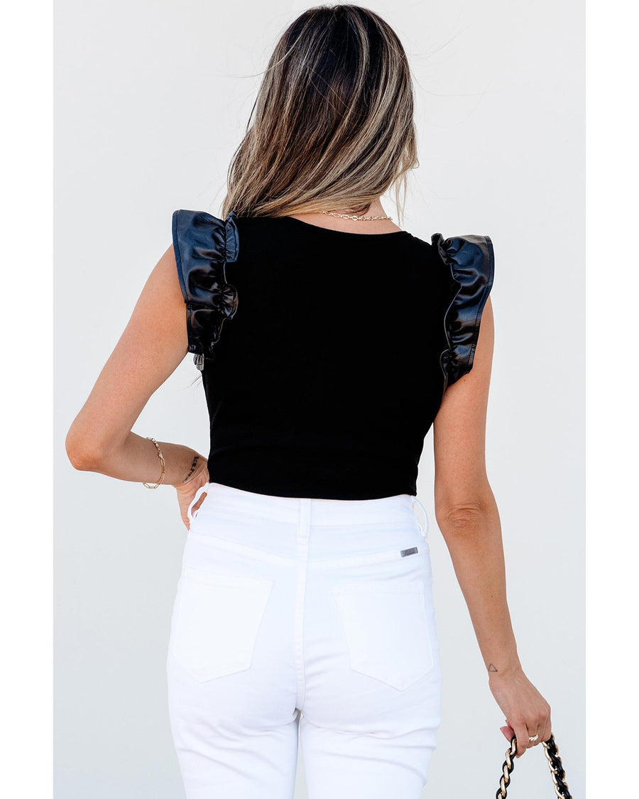 Black Leatherette Ruffle Patchwork Ribbed V Neck Bodysuit - L