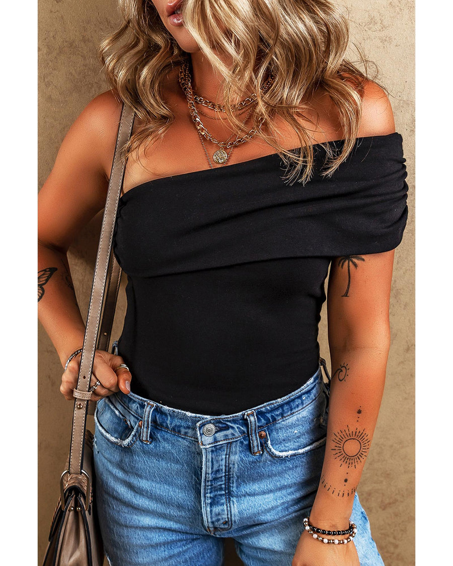 Black Solid Color Pleated One Shoulder Bodysuit - L