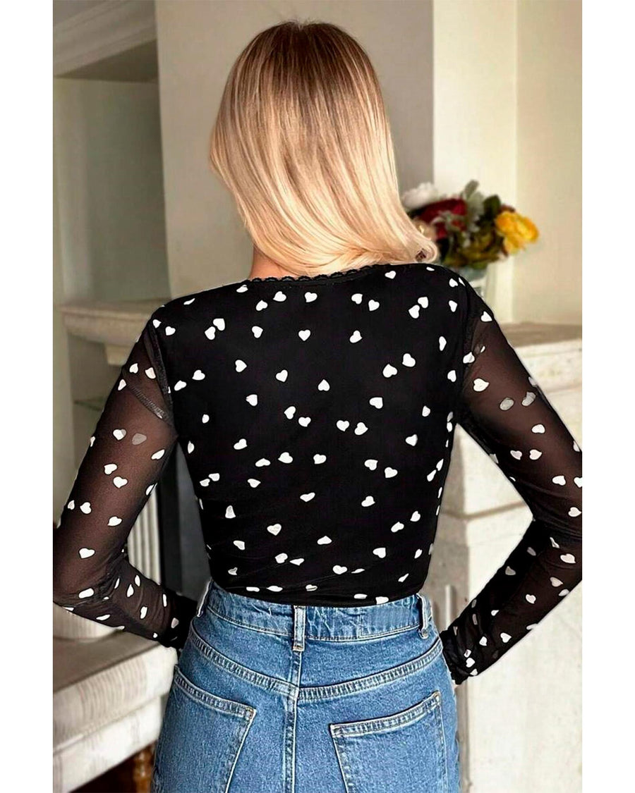 Black Heart Shape Mesh Patchwork Square Neck Bodysuit - XL