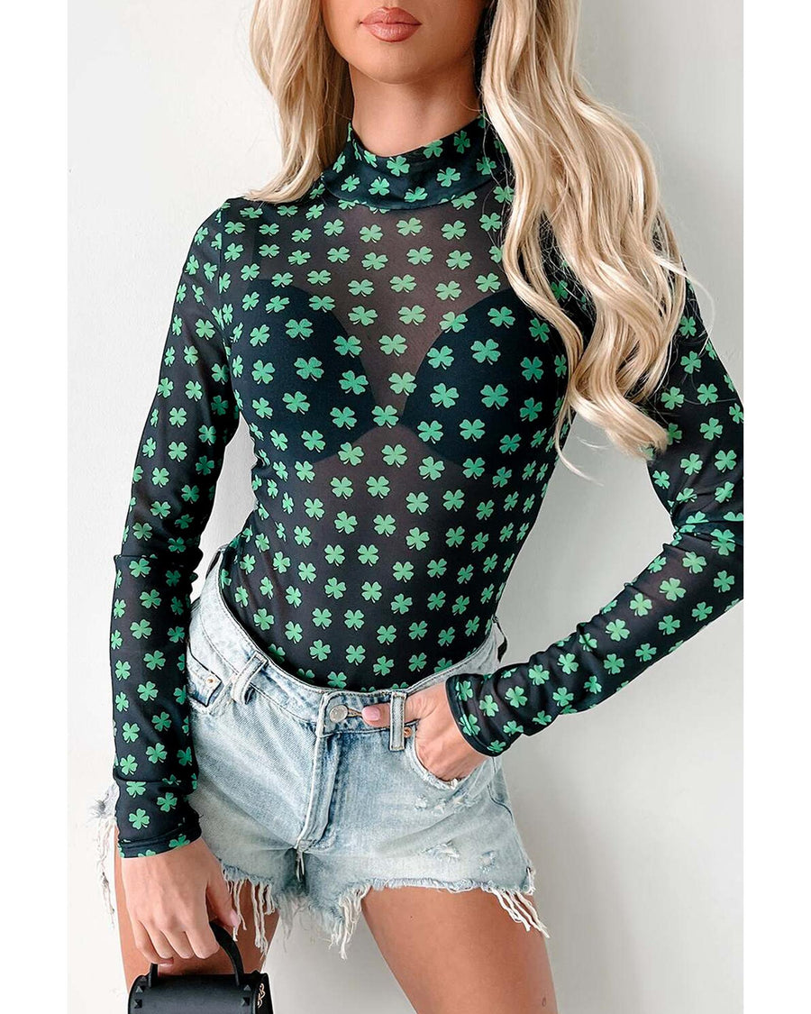 Green St Patrick Shamrock Printed Long Sleeve Mesh Bodysuit - XL