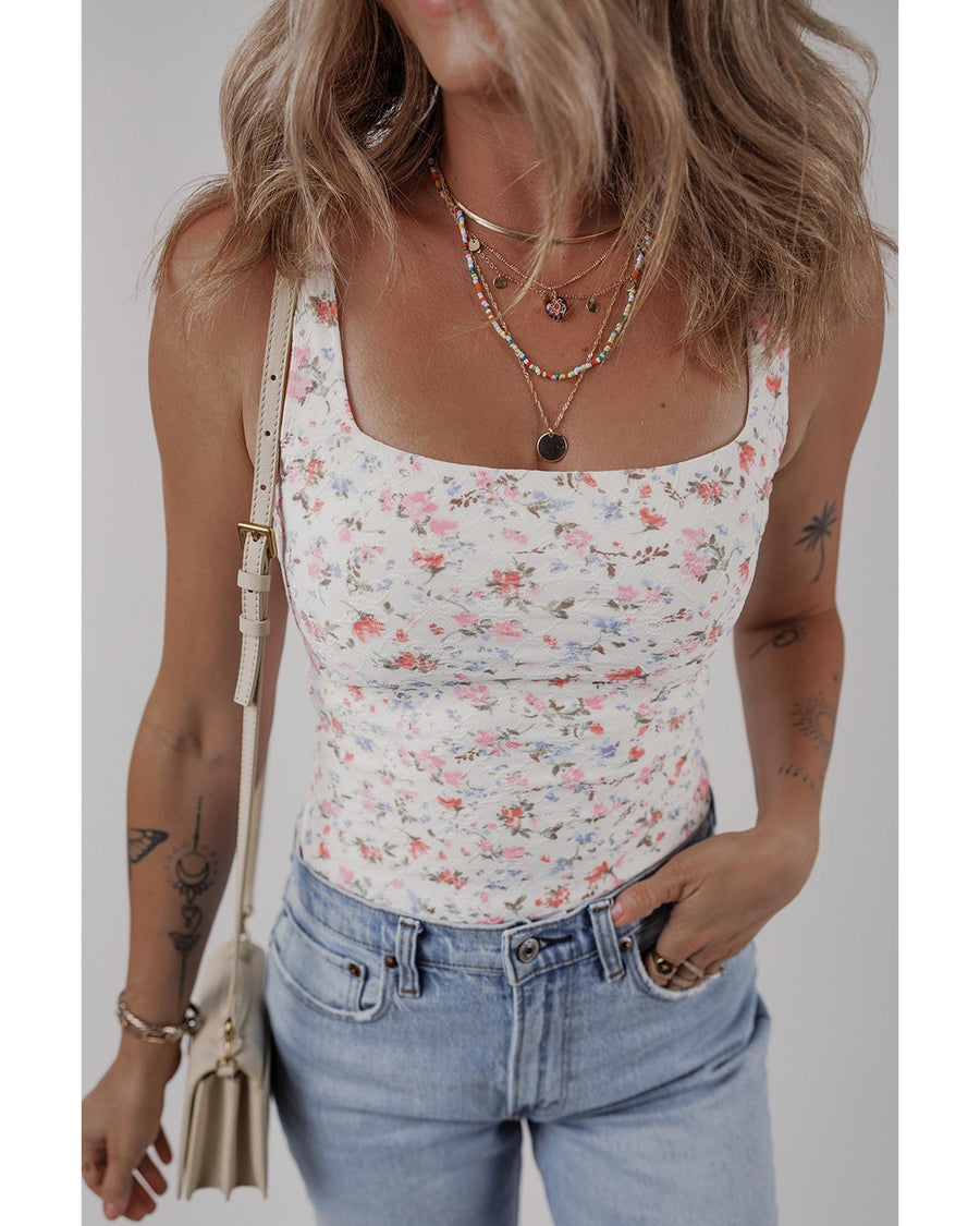 White Floral Textured Square Neck Sleeveless Bodysuit - XL