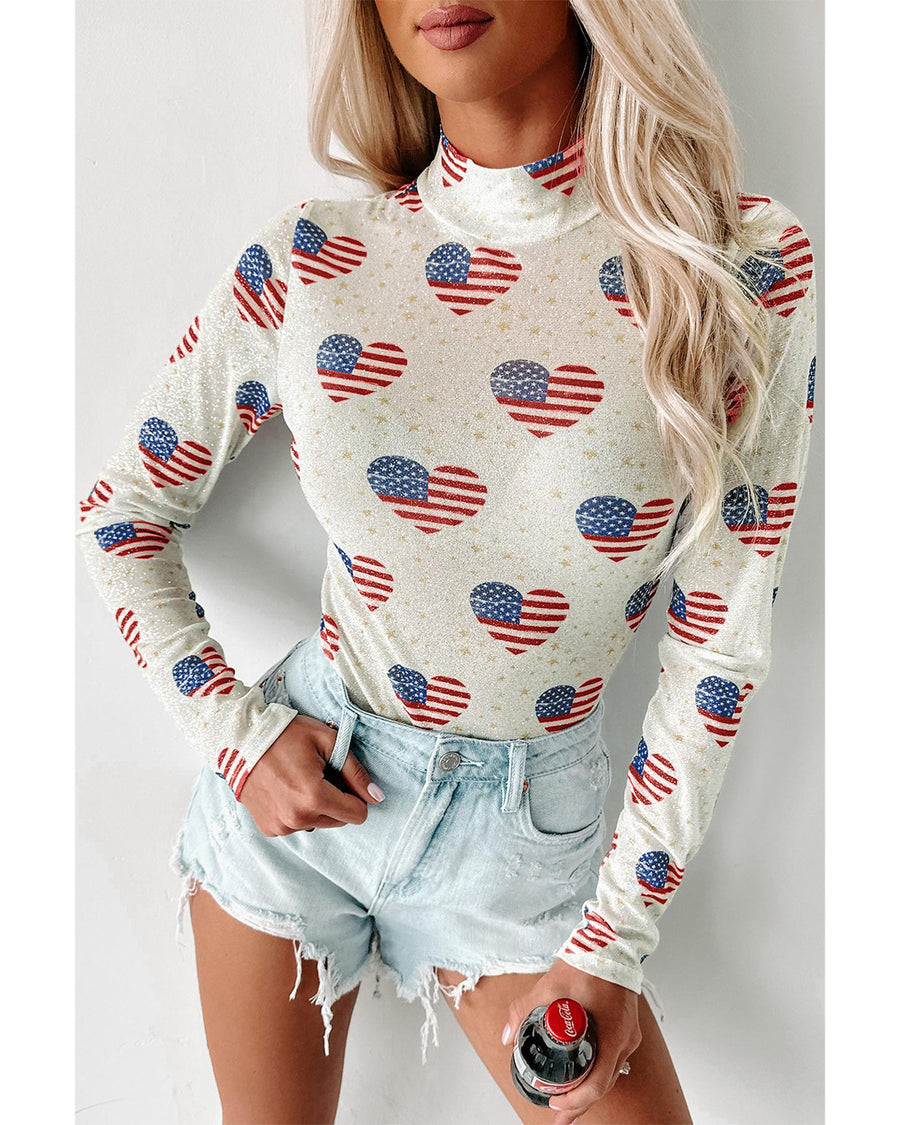 White Americana Glitter Mesh Long Sleeve Bodysuit - L
