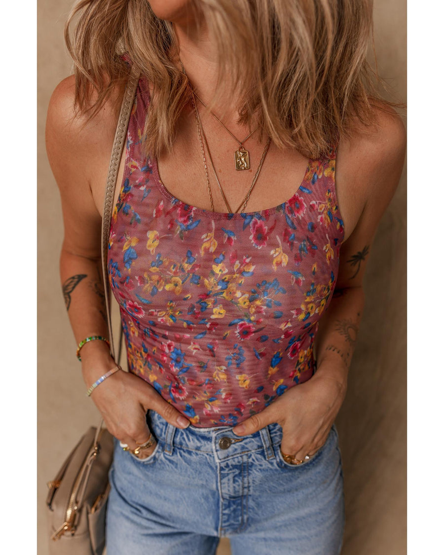 Purple Floral Printed Mesh U Neck Sleeveless Bodysuit - M