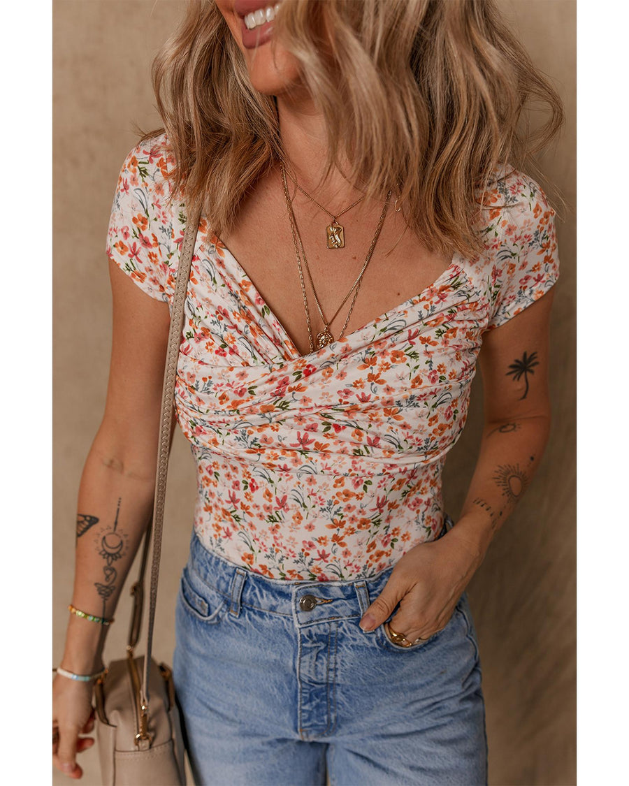 Orange Short Sleeve Floral Ruched Sweetheart Bodysuit - L