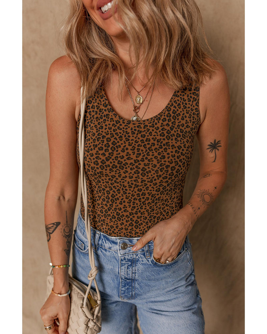 Brown Leopard Printed Sleeveless Scoop Neck Bodysuit - XL