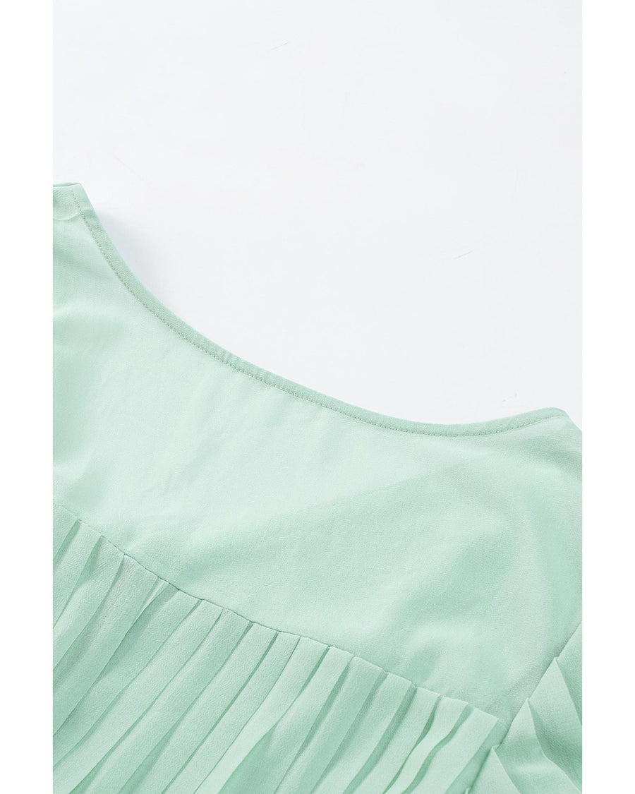 Green Pleated Ruffled Tie Waist Buttons V Neck Romper - XL