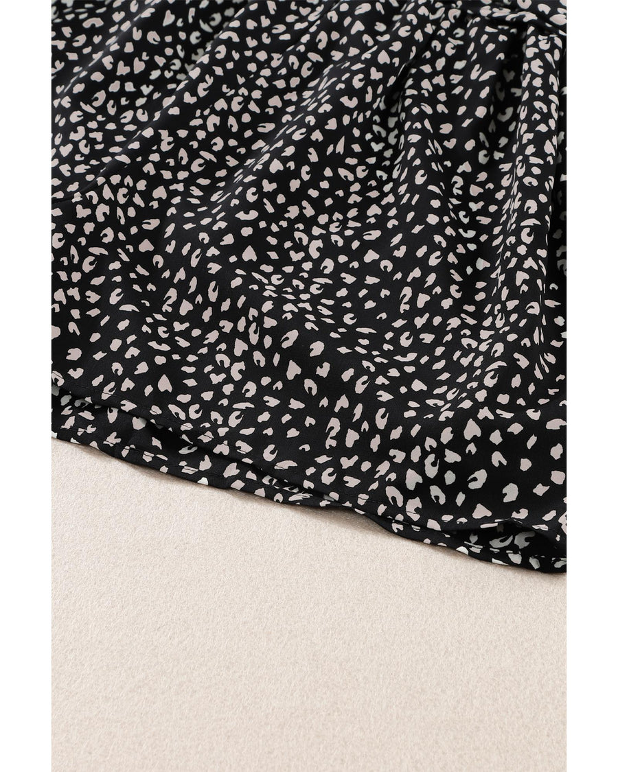 Black Leopard Print Belted V Neck Short Sleeve Romper - S