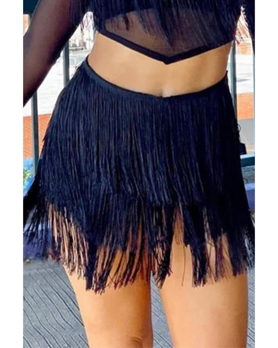 Black Tiered Fringe Trimmed Mini Skirt - S