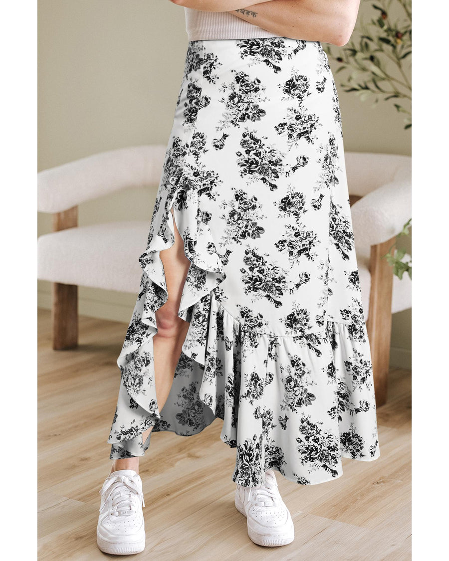 Black Boho Floral High Waist Ruffle Split Maxi Skirt - L