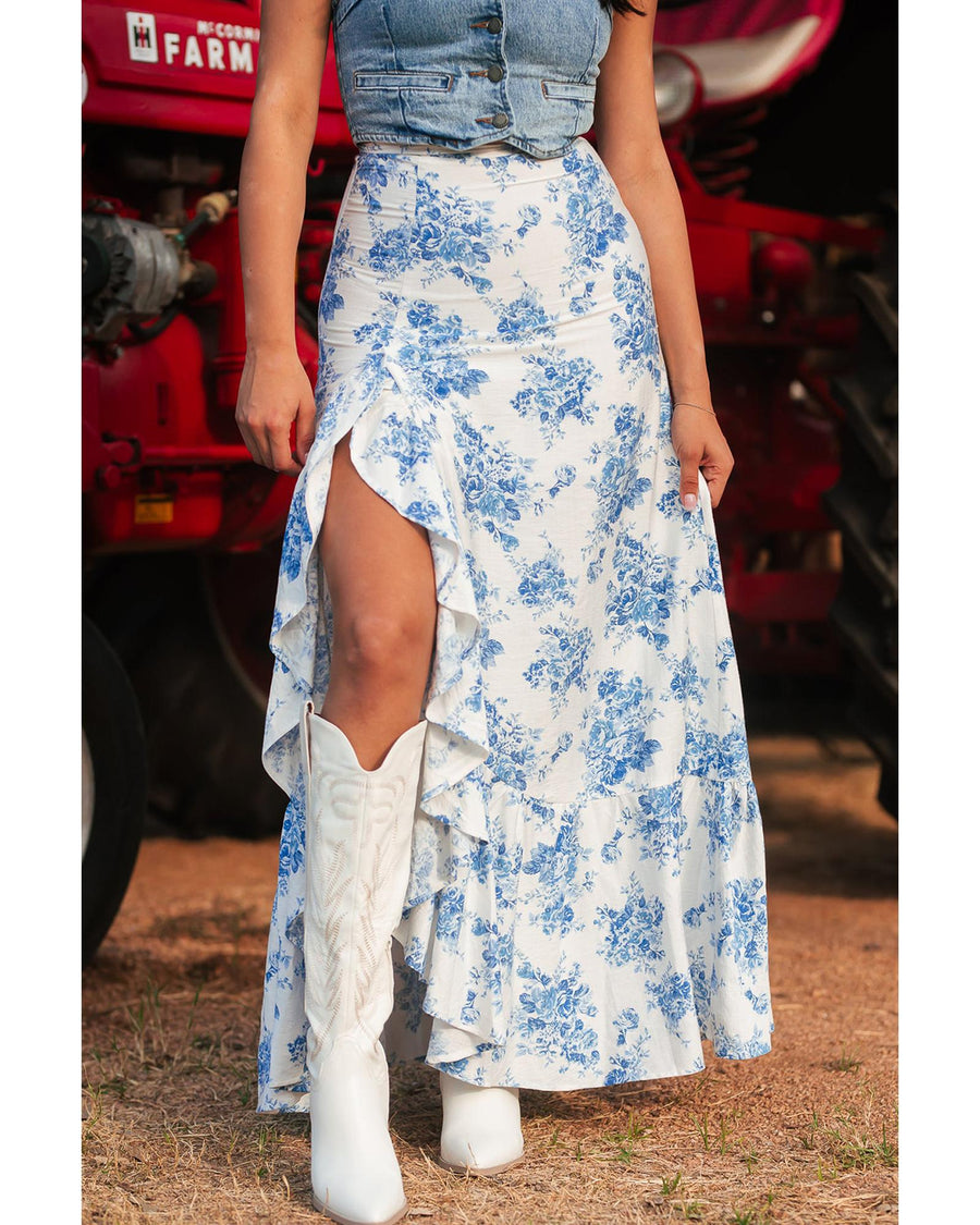 Sky Blue Boho Floral High Waist Ruffle Split Maxi Skirt - M