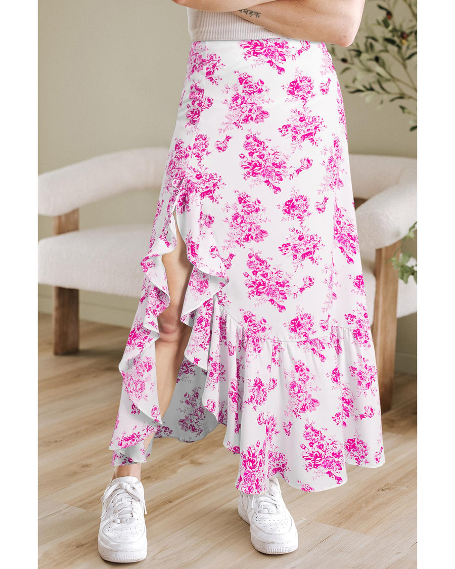 Rose Boho Floral High Waist Ruffle Split Maxi Skirt - M
