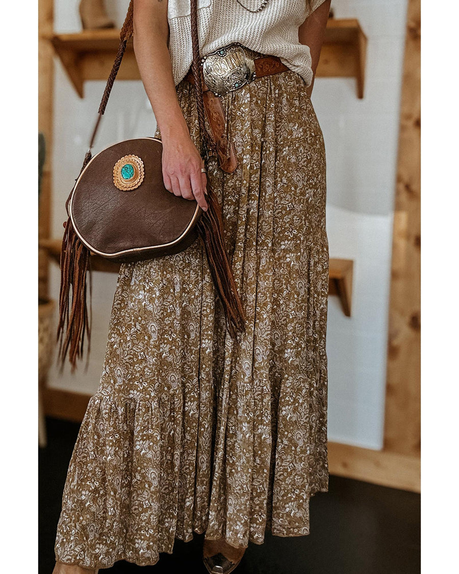 Brown Western Floral Print Ruffled Hem High Waist Loose Maxi Skirt - M