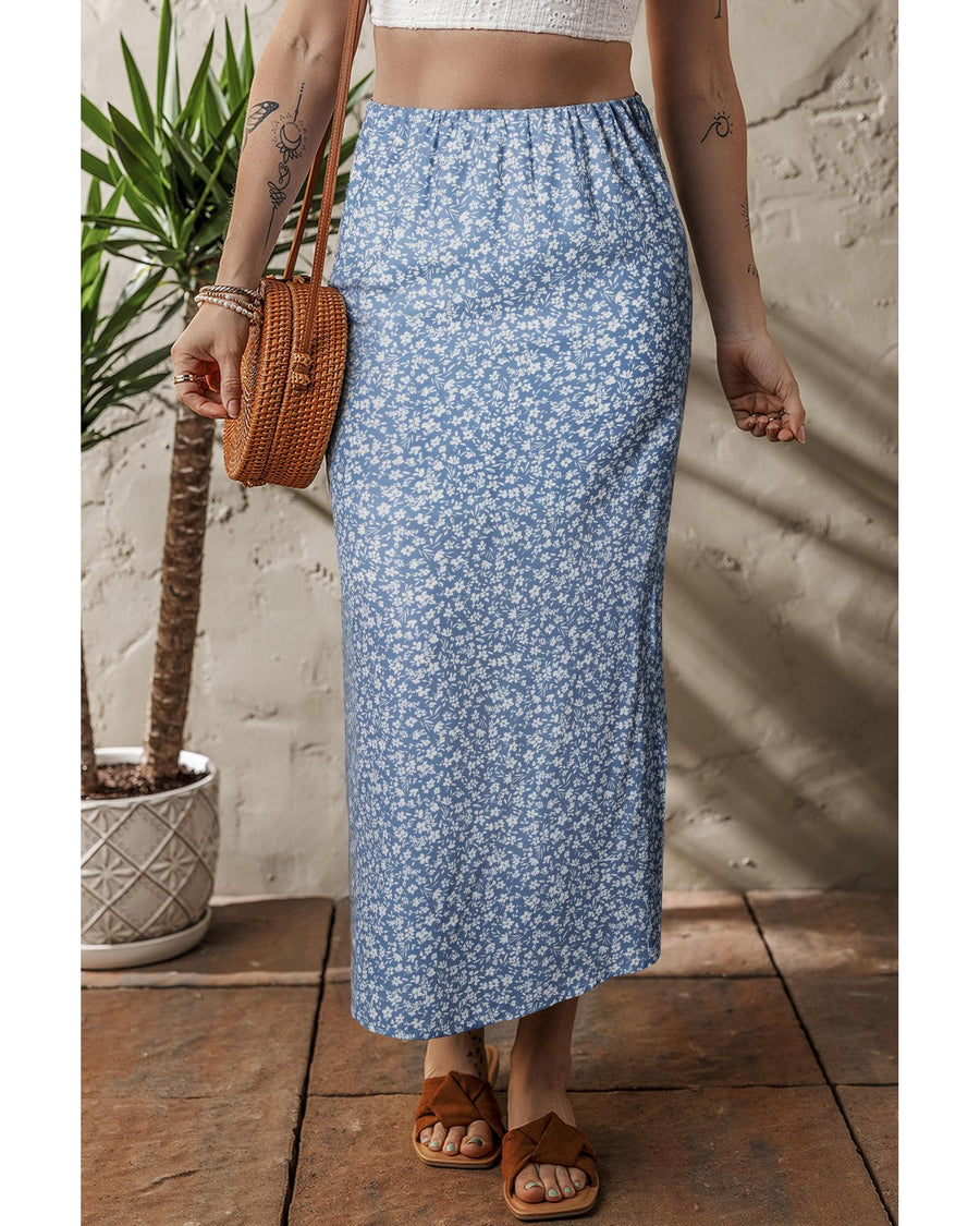 Sky Blue Boho Floral High Waist Long Skirt with Side Split - XL