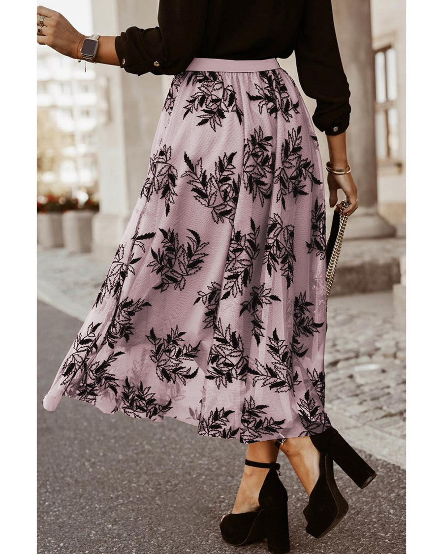 Peach Blossom Floral Leaves Embroidered High Waist Maxi Skirt - L